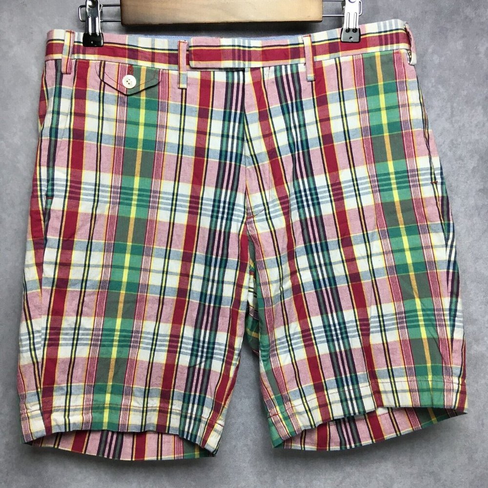 Polo Mens Plaid India Madras Shorts sz 32 Red Green‎ Classic Fit Cotton Quilted